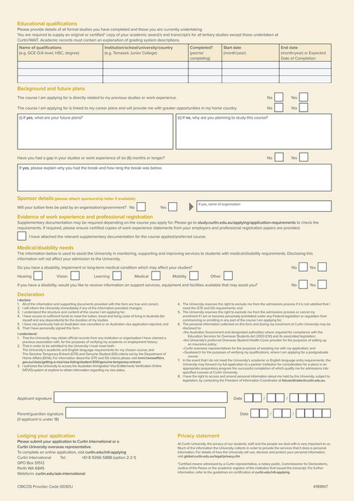 Curtin University - Curtin International Application Form - Page 2