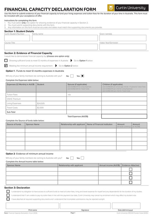 Curtin University - Financial-declaration-form - Page 1