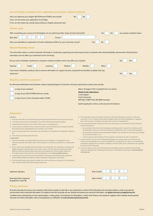 Curtin University - Curtin English Application Form - Page 2